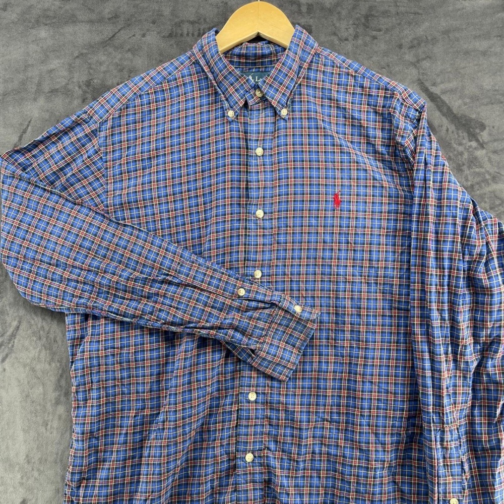 Vintage Ralph Lauren Classic Fit Plaid Shirt Mens Large Blue Cotton Button Down